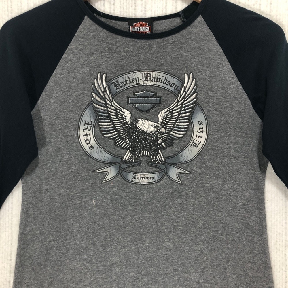 Harley Davidson Womens Raglan Tee‎ Gray Black Eagle Central Texas Austin Large